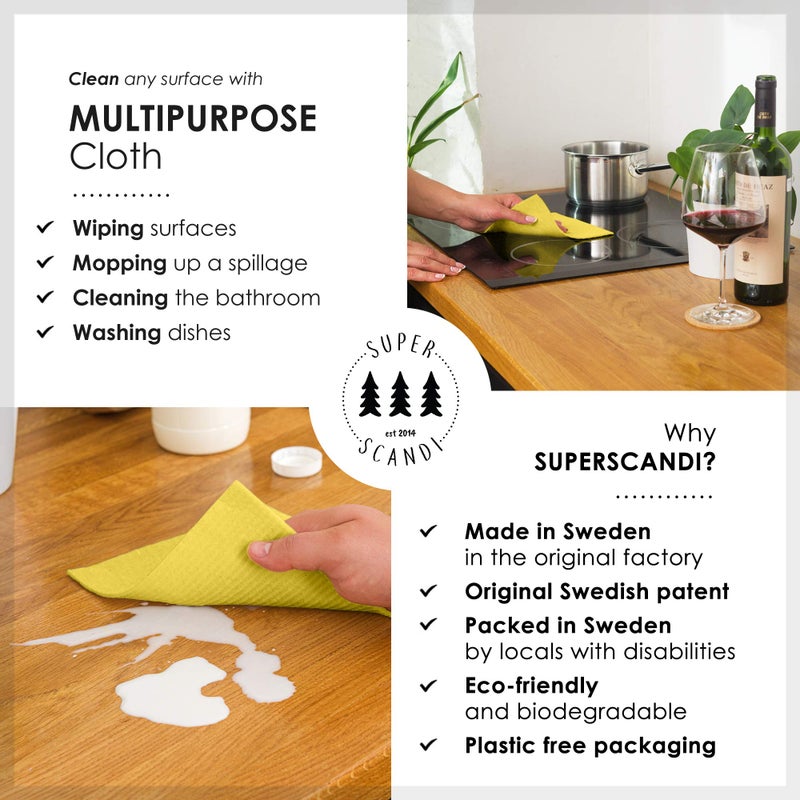 SUPERSCANDI 10 Pack Swedish Dishcloths for Kitchen - 100% Biodegradable & Compostable Reusable Paper Towels Washable, Food-Safe & Without Plastic - Dish Rags Suitable for Any Surface, Yellow - Image 2